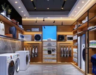 A large room with a white washer and dryer in the corner. The room is well lit and has a modern design