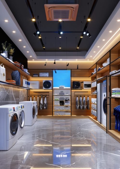 A large room with a white washer and dryer in the corner. The room is well lit and has a modern design